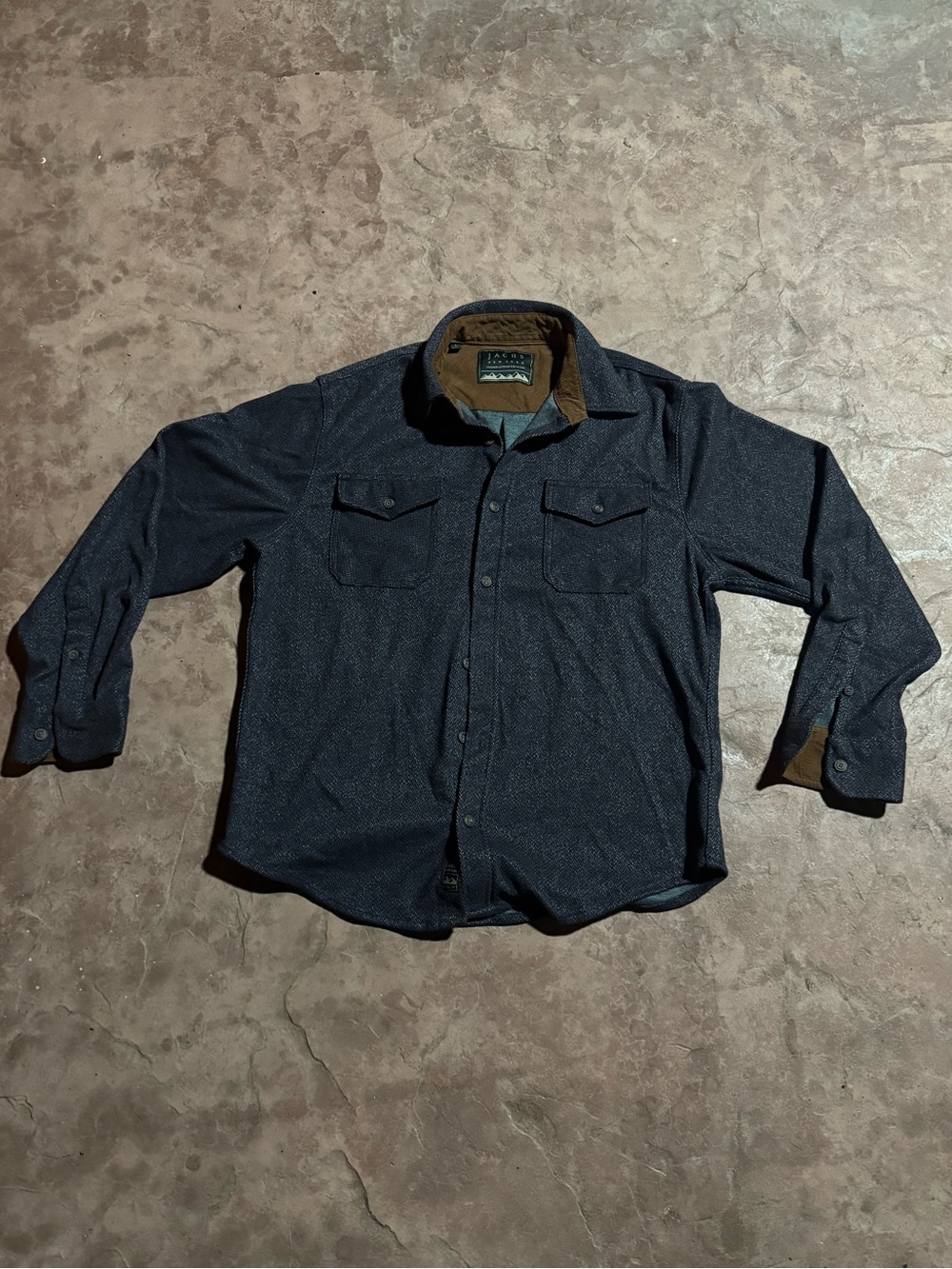 JACHS New York Men's L Blue Herringbone Long Sleeve Button-Up Shirt Pockets